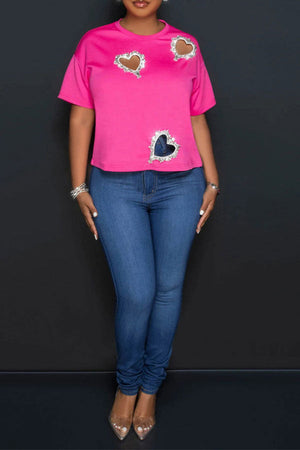 Goosudu Hollow-Out Rhinestone Heart Decor Stunning T-Shirt