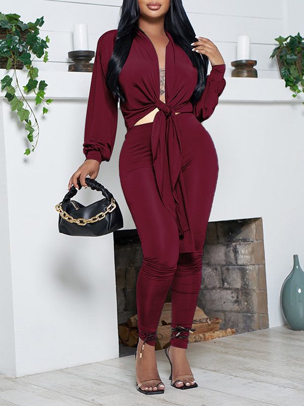 Goosudu Solid Tied Top & Pants Set