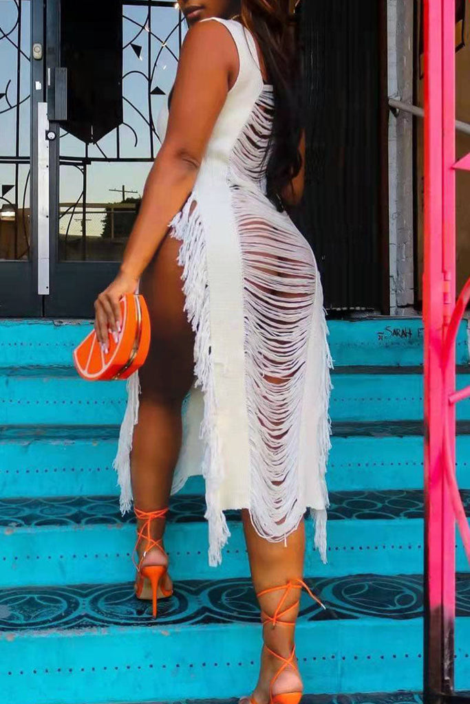 Goosudu Sexy Solid Tassel Hollowed Out Split Joint Asymmetrical Swimwears Cover Up