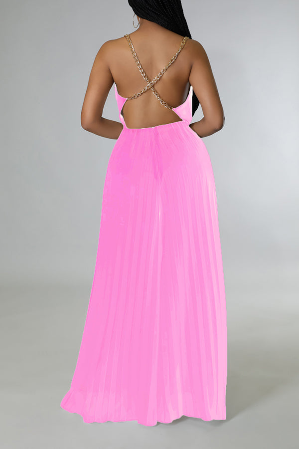 Goosudu Glamorous Solid Color Pleated Backless Chain Sling Jumpsuits