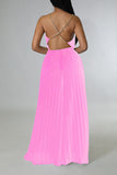 Goosudu Glamorous Solid Color Pleated Backless Chain Sling Jumpsuits