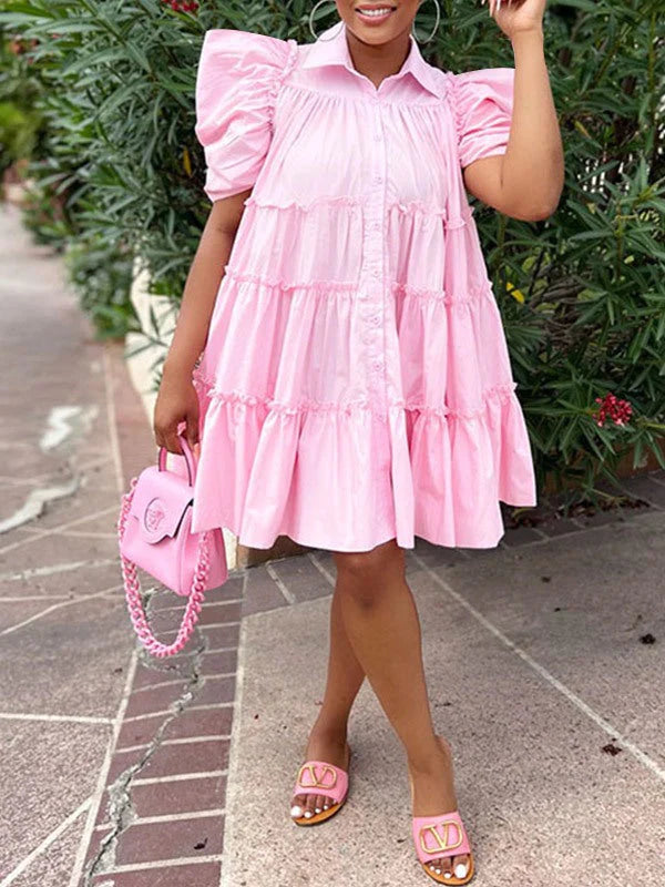 Goosudu Puff-Sleeve Ruffle Dress