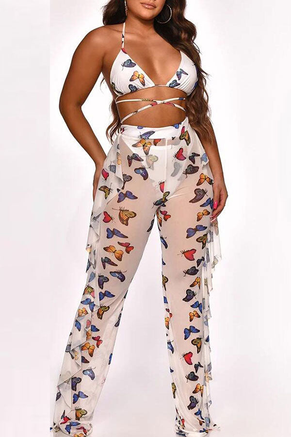 Goosudu Butterfly Print Mesh Elegant High Waist Bikini & Pants