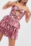 Goosudu Sequined Glittery Bow Design Tiered Mini Dress