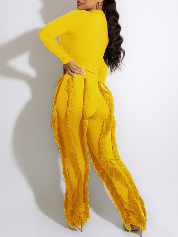 Goosudu Solid Bodysuit & Fringe Pants Set