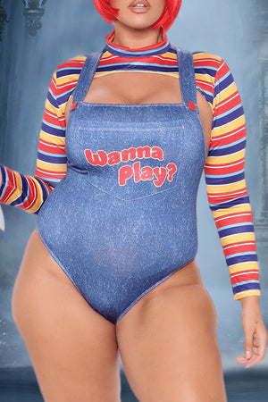 Goosudu Sexy Letter Color Block Hollowed Out Patchwork Buttons O Neck Plus Size Two Pieces