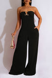 Goosudu Fashion Solid Color U-Shaped Buckle Wrap Chest Tie Rope Wide-Leg Jumpsuit