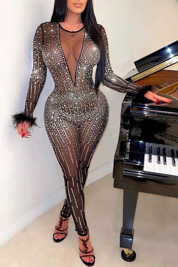 Goosudu See-Through Diamond Mesh Feather Jumpsuit