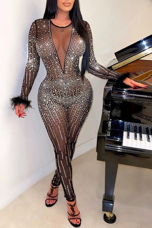 Goosudu See-Through Diamond Mesh Feather Jumpsuit