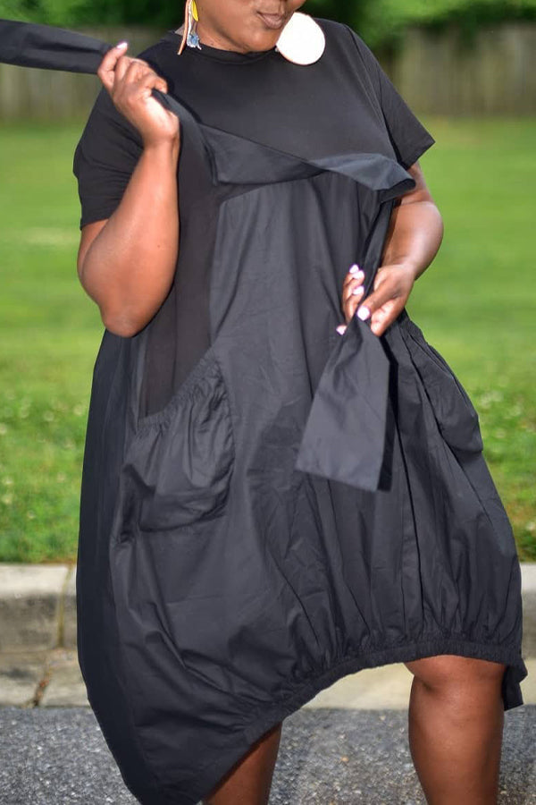 Goosudu Fashion Loose Pocket Splicing Asymmetrical Hem Dress