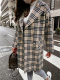 Goosudu Women's Plaid Long Jacket Lapel Double Button Down Plaid Woolen Jacket