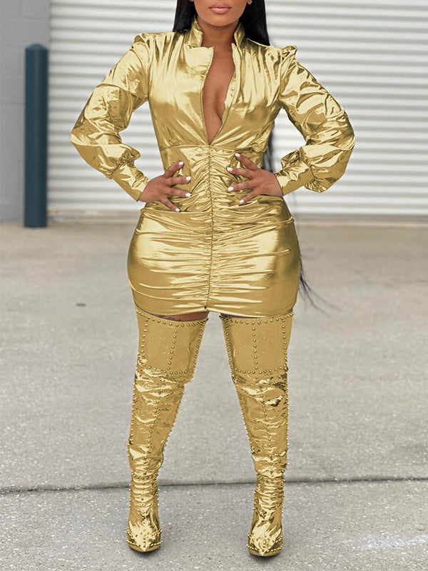 Goosudu Metallic V-Neck Ruched Dress