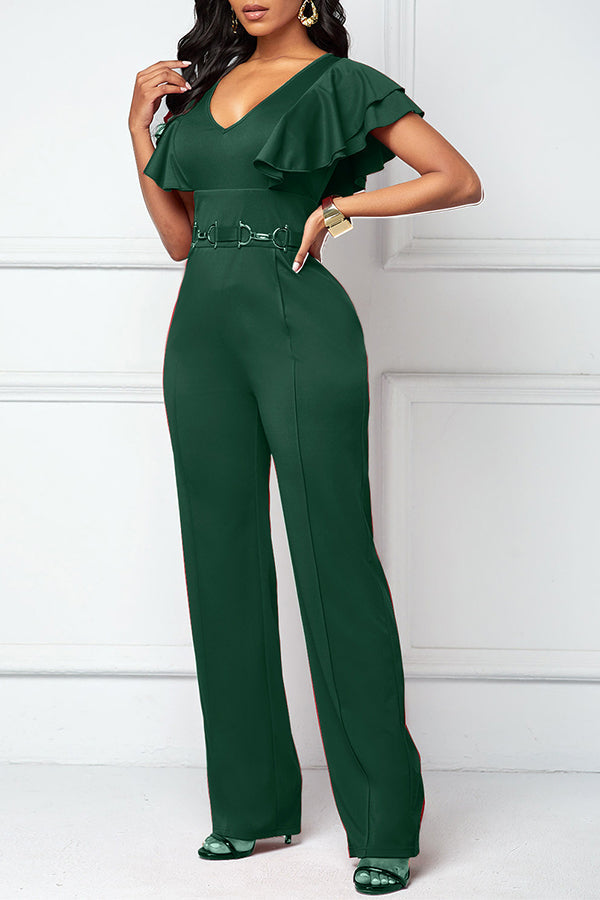 Goosudu Casual Fashion Layered Ruffle Sleeve V-Neck Jumpsuit