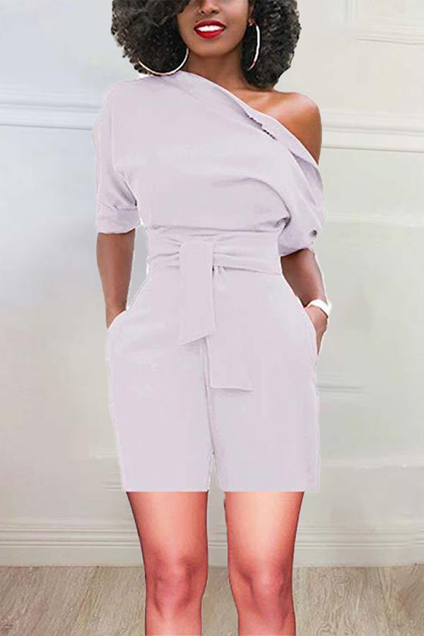 Goosudu Simple Solid Color Diagonal Collar Short Sleeved Belt Rompers