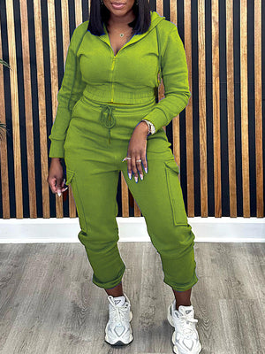 Goosudu Solid Zip-Front Hoodie & Cargo Pants Set