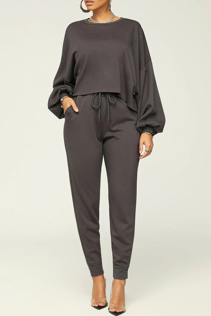 Goosudu Casual Solid Basic O Neck Long Sleeve Two Pieces