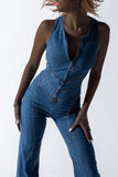 Goosudu Sexy Sleeveless Round Neck Zip Slim Backless Denim Jumpsuits
