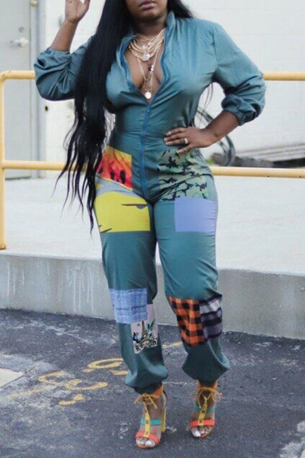 Goosudu Fashion Patchwork Zipper Plus Size Jumpsuit