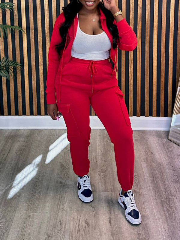 Goosudu Solid Zip-Front Hoodie & Cargo Jogger Pants set