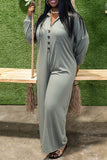 Goosudu Comfortable Long Sleeve Single Breasted Pocket Solid Color Loose Jumpsuit