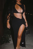 Goosudu Sexy Solid Hollowed Out Split Joint Slit Asymmetrical Asymmetrical Collar Straight Dresses