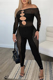 Goosudu Sexy Off Shoulder Sheer Leopard Print Pearl Buckle Chest Cutout Jumpsuits