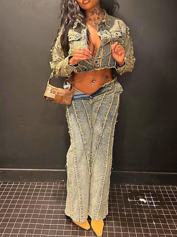 Goosudu Fringe Denim Jacket & Jeans Set