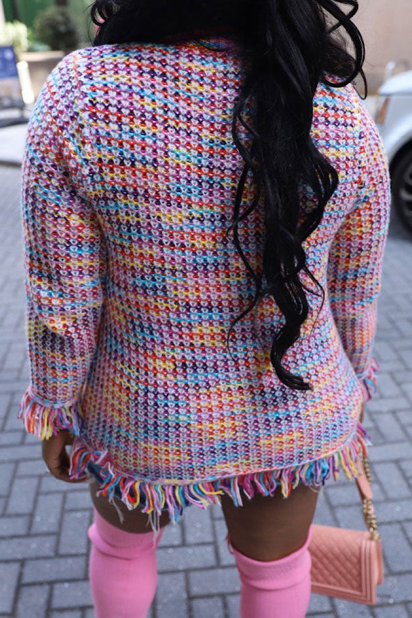 Goosudu Rainbow Gradient Sweet Tassel Knitted Coat