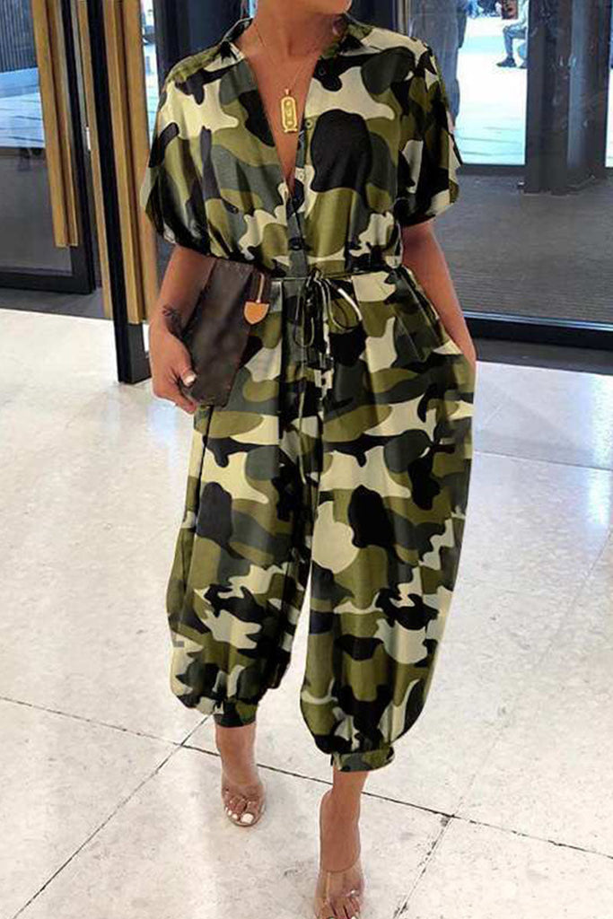 Goosudu Casual Print Patchwork Buckle Turndown Collar Loose Jumpsuits