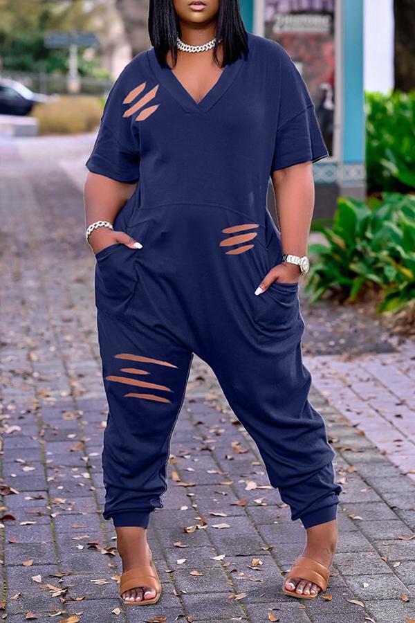 Goosudu Fashion Ripped Loose V Neck Short Sleeved Jumpsuit