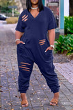 Goosudu Fashion Ripped Loose V Neck Short Sleeved Jumpsuit