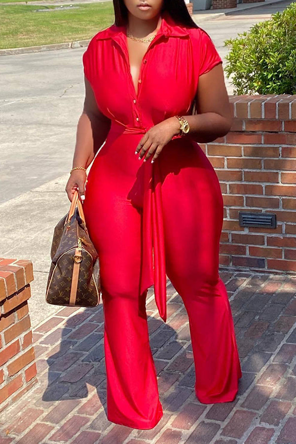 Goosudu Fashion Shirt Collar Breasted Wide Leg Jumpsuit Belted