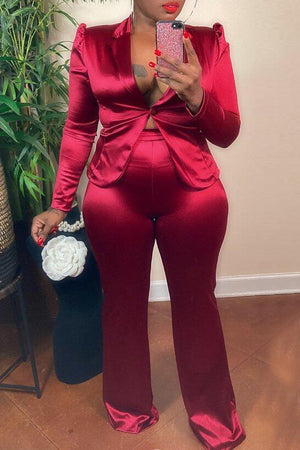 Goosudu Fashion Casual Solid Cardigan Pants Turndown Collar Long Sleeve Two Pieces