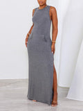 Goosudu Solid Sleeveless Slit Dress