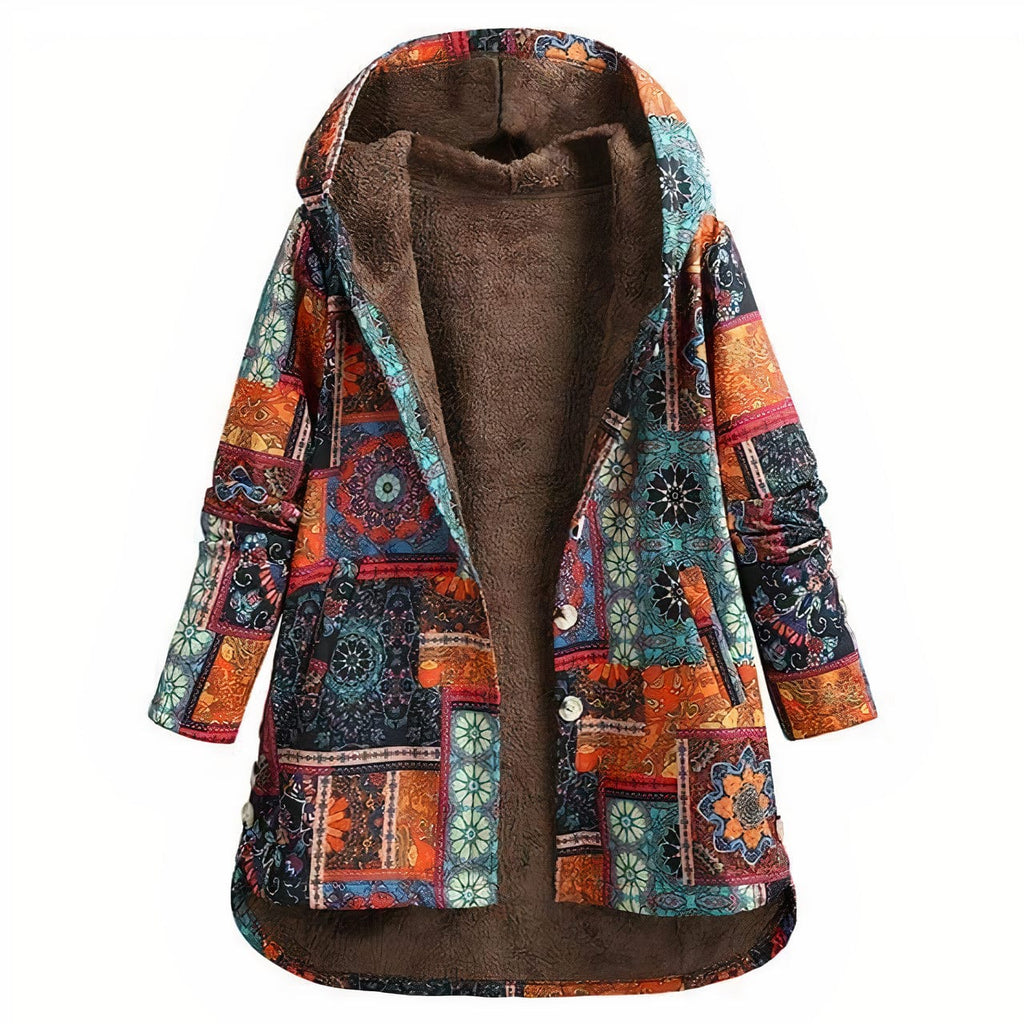 Goosudu Women's Fall Winter Ethnic Floral Coat Fleece Warm Hoode Jacket Coat
