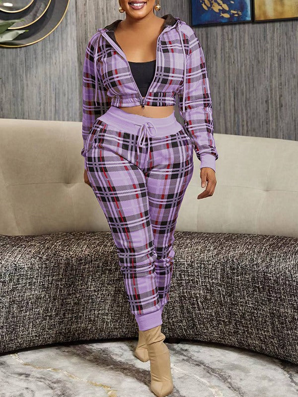 Goosudu Plaid Zip-Front Hoodie & Pants Set