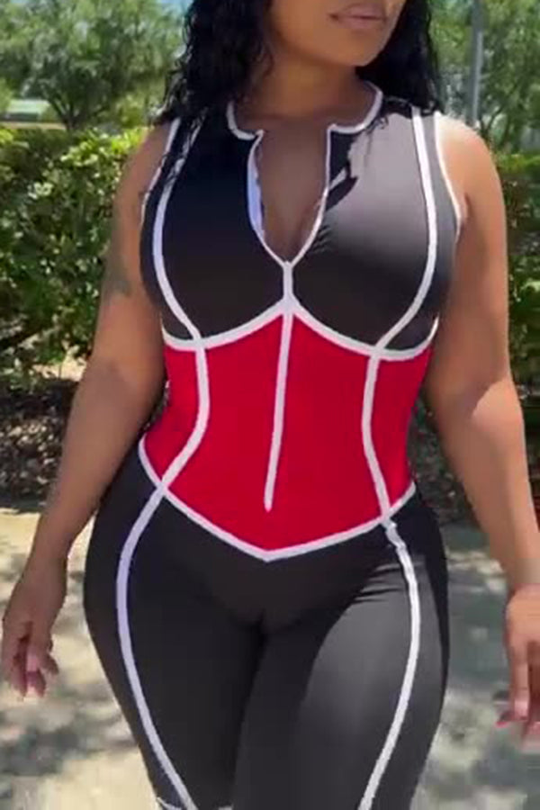 Goosudu Sexy Fashion Stitching Zipper Jumpsuit