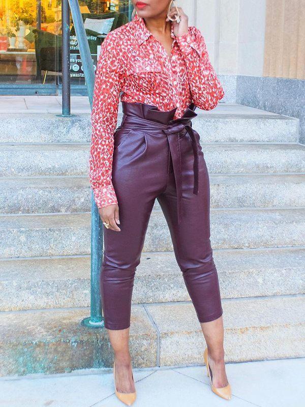 Goosudu Belted Faux-Leather Pants
