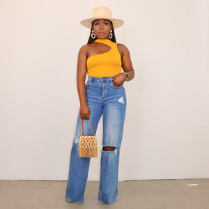 Goosudu Women's Ripped Straight Jeans Casual Loose Denim Long Pant