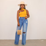 Goosudu Women's Ripped Straight Jeans Casual Loose Denim Long Pant