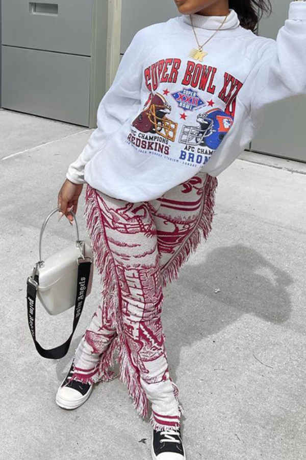 Goosudu Fashion Casual Regular Print Fringe Edge Pants