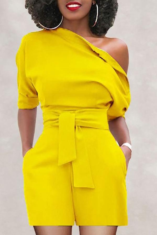 Goosudu Simple Solid Color Diagonal Collar Short Sleeved Belt Rompers