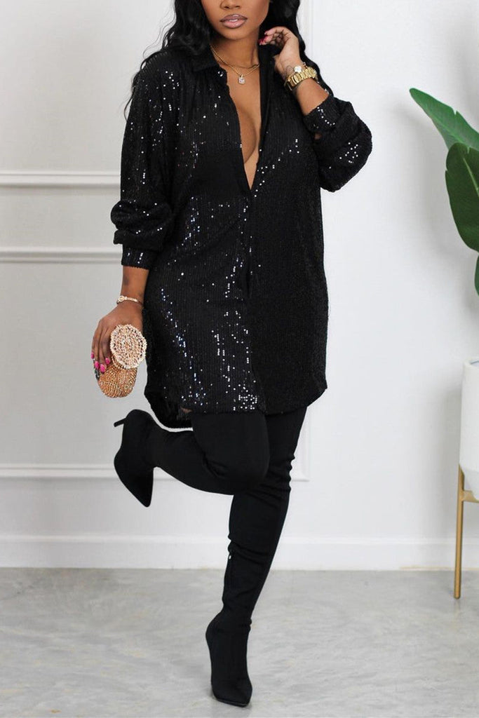 Goosudu Sexy Casual Solid Sequins Shirt Collar Shirt Dress Dresses