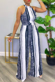 Goosudu Fashion Irregular Stripe Halter Neck Tie Wide Leg Jumpsuit