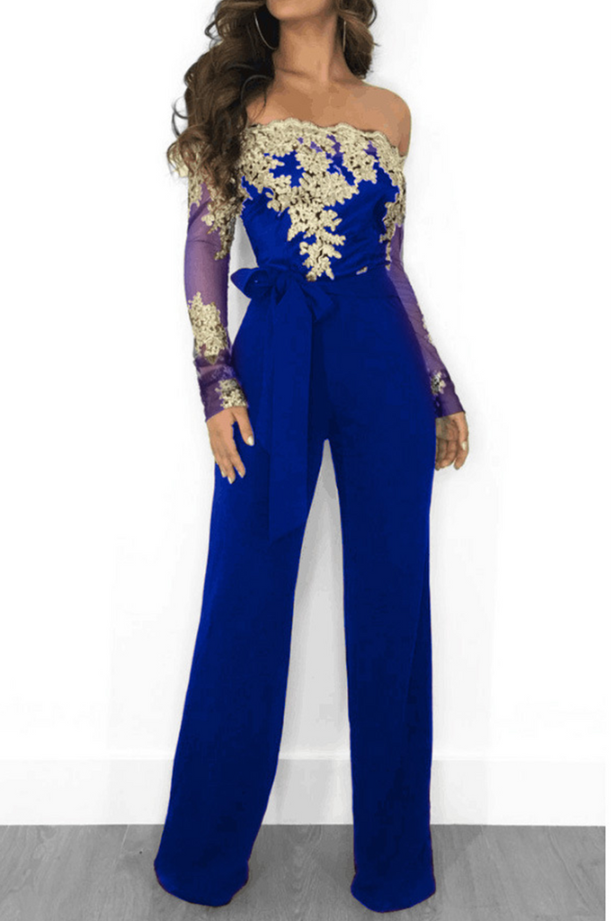Goosudu Sexy Solid Lace Off the Shoulder Boot Cut Jumpsuits