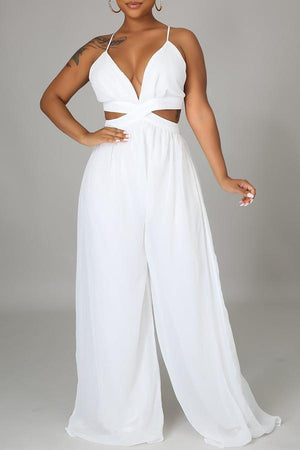 Goosudu Pure Color Casual Loose Hollow Chiffon Jumpsuit