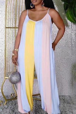 Goosudu Loose Striped Print Plus Size Suspender Jumpsuit