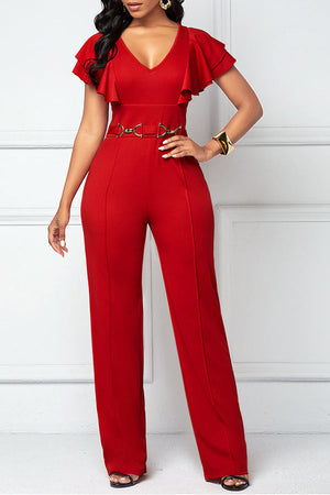 Goosudu Casual Fashion Layered Ruffle Sleeve V-Neck Jumpsuit