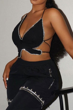 Goosudu Rhinestone Patchwork Unique Zipped Design Pants