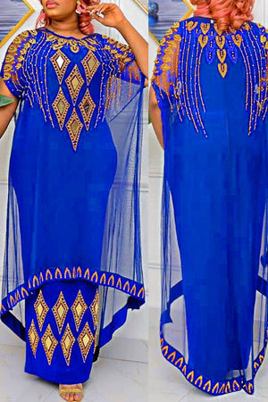 Goosudu Celebrities Solid Patchwork Hot Drill O Neck Long Dress Plus Size Two Pieces